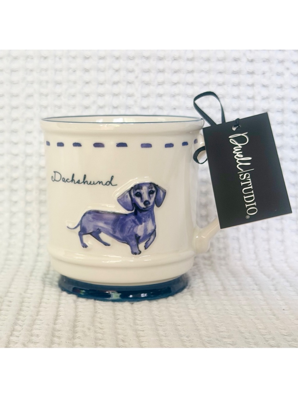 Dwell Studio Dachshund Jumbo Coffee Mug Viral Blue White Cute Doxie Dog Gift NWT